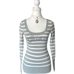Y2K “GUESS” White and Grey Stripe Knit Rhinestone Graphic Open Back Top